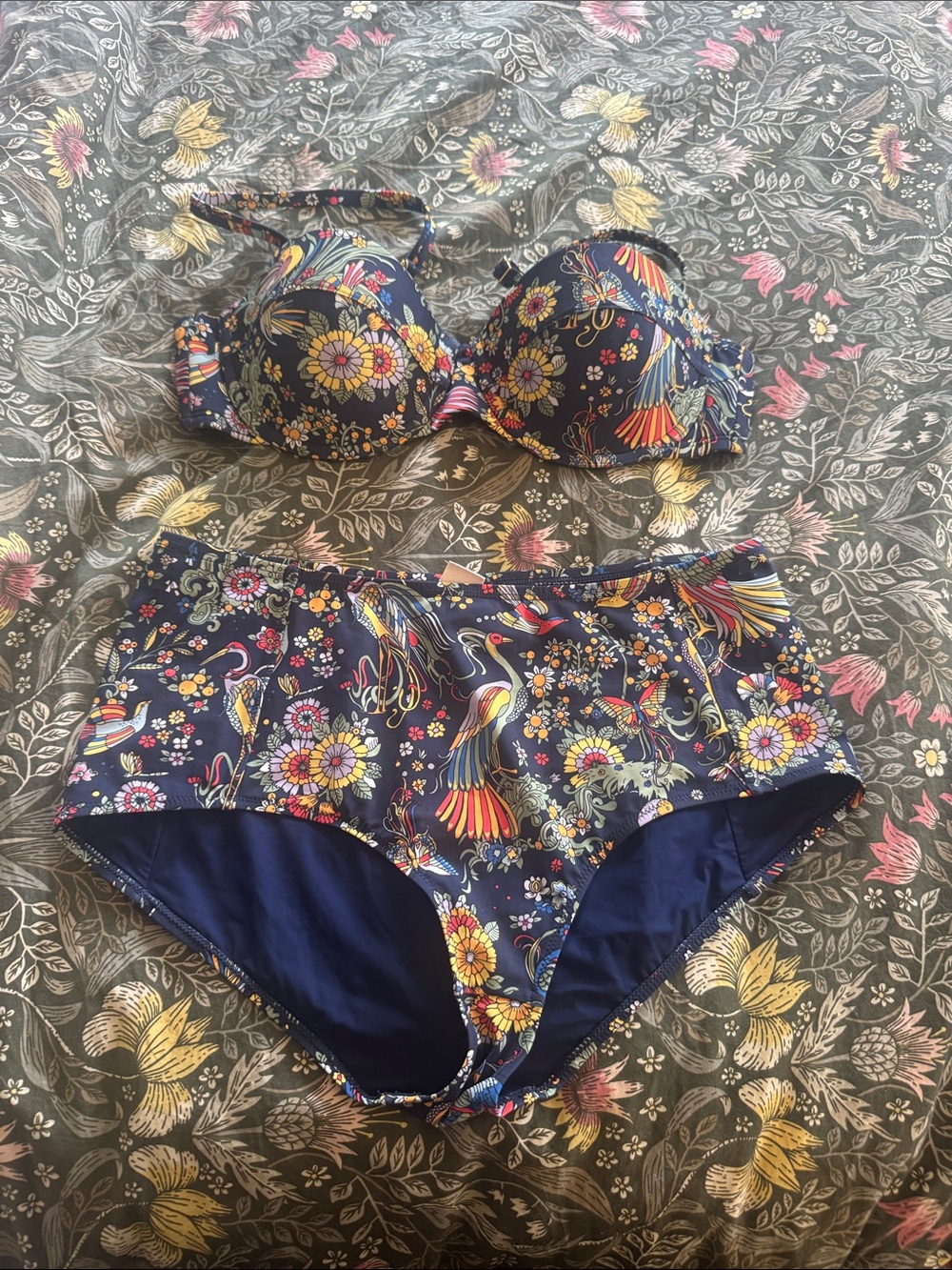 Tory Burch Navy Floral High-Waist Bikini Set with Yellow & Pink Accents